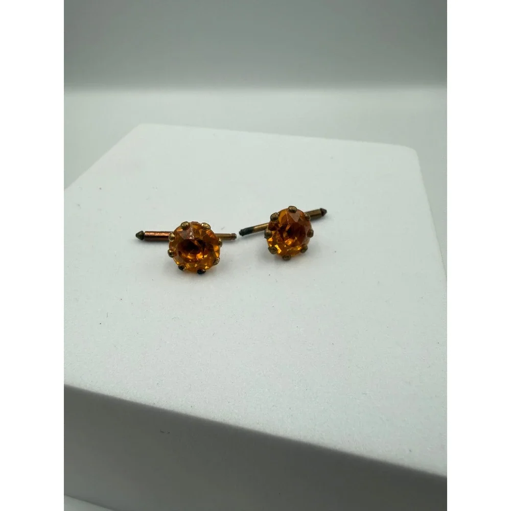 Vintage Amber Glass Stone Cufflinks Bronze Tone Round Faceted T-Bar Mens Jewelry